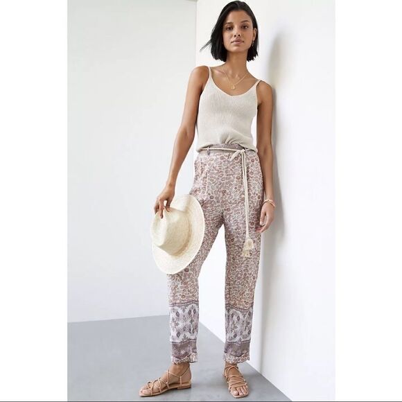 NEW Anthropologie Ollari Tasseled Paisley Mauve Belted Tapered Pants Medium - Picture 1 of 6
